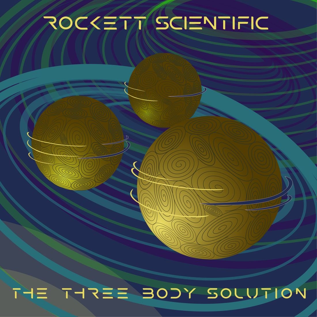 Album cover for The Three Body Solution by Rockett Scientific: three gold spheres over a teal swirl