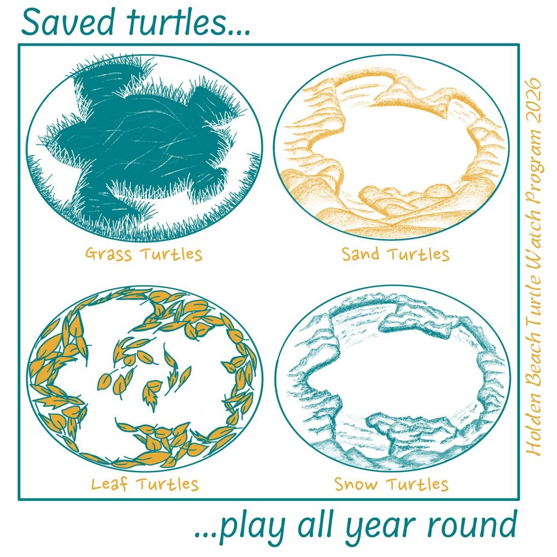 T-shirt design: four line-drawn turtle shells above the words Saved turtles… play all year round