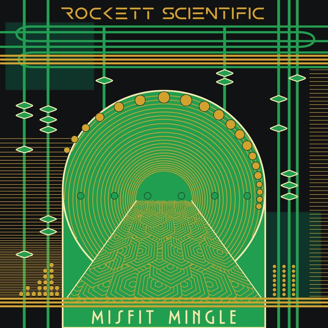 Album cover for Misfit Mingle by Rockett Scientific: a green art-deco geometric pattern on black