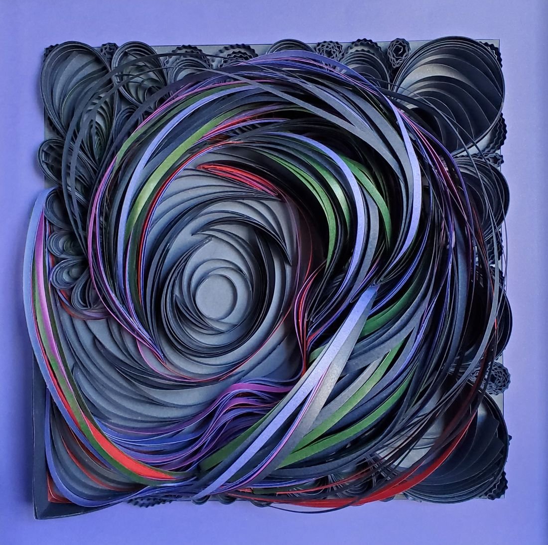 Infinite Echoes of Lavender Loneliness: gray, lavender and green paper strips spiraling inward on a periwinkle background