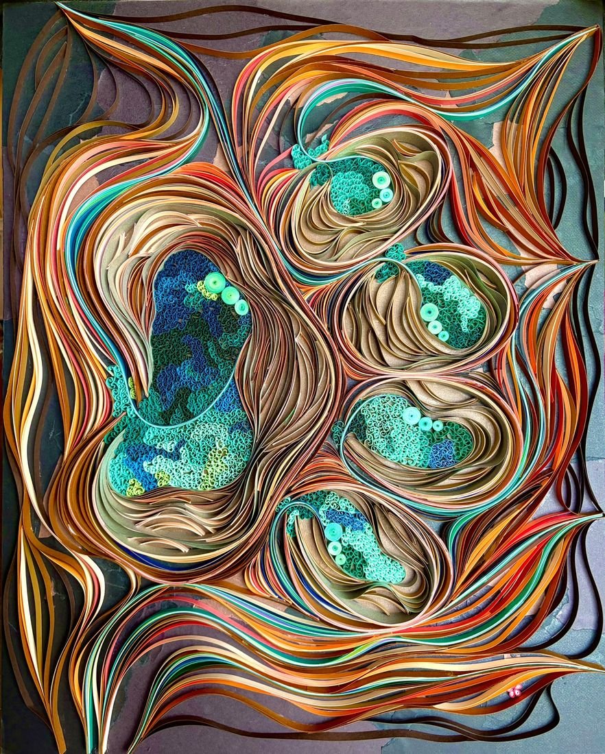 Finding My Way to You Through Cyan and Teal: copper, tan and coral paper ribbons swirling around pools of tiny cyan, teal and blue paper coils